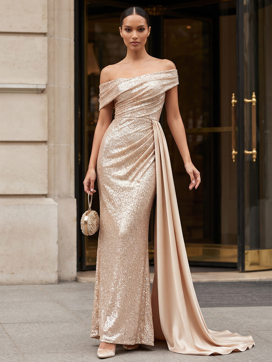 Sheath/Column Off Shoulder Sequin Maxi Evening Dresses with Ruched Waist