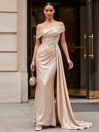 Sheath/Column Off Shoulder Sequin Maxi Evening Dresses with Ruched Waist