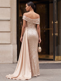 Sheath/Column Off Shoulder Sequin Maxi Evening Dresses with Ruched Waist