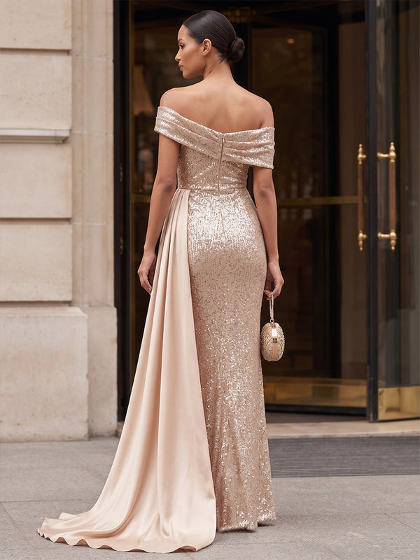 Sheath/Column Off Shoulder Sequin Maxi Evening Dresses with Ruched Waist