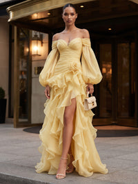 A-Line/Princess Off Shoulder Chiffon Maxi Evening Dresses with Ruffles & Slit