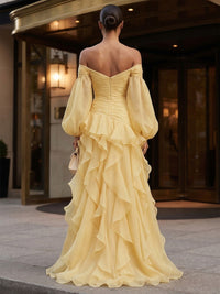 A-Line/Princess Off Shoulder Chiffon Maxi Evening Dresses with Ruffles & Slit