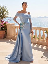 Sheath/Column Off Shoulder Satin Maxi Evening Dresses with Side Draped Sash