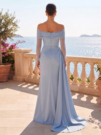 Sheath/Column Off Shoulder Satin Maxi Evening Dresses with Side Draped Sash