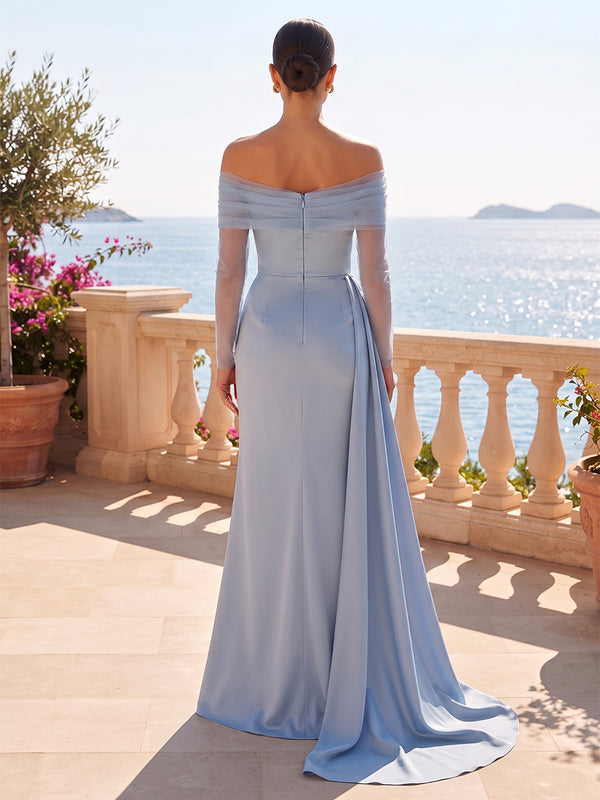 Sheath/Column Off Shoulder Satin Maxi Evening Dresses with Side Draped Sash