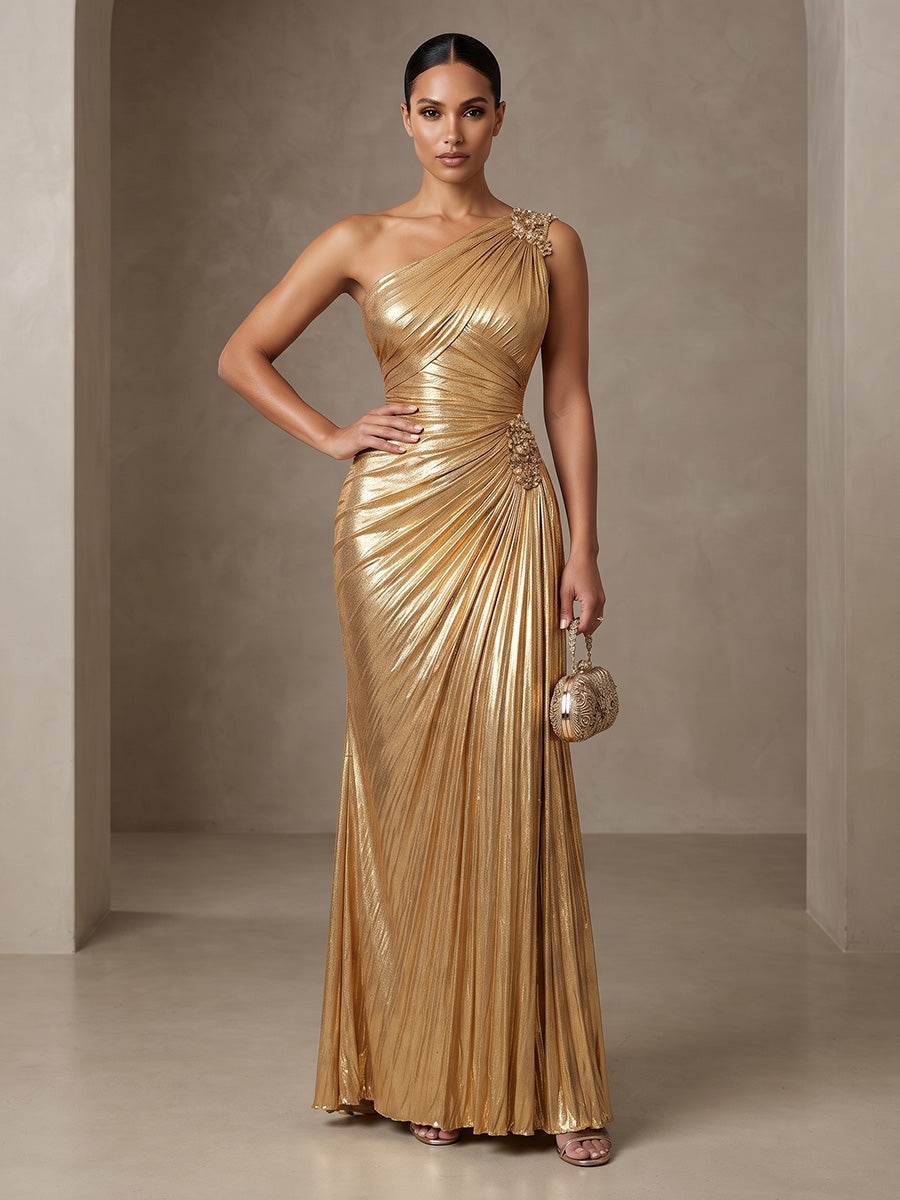Sheath/Column One Shoulder Metallic Satin Maxi Evening Dresses with Pleats
