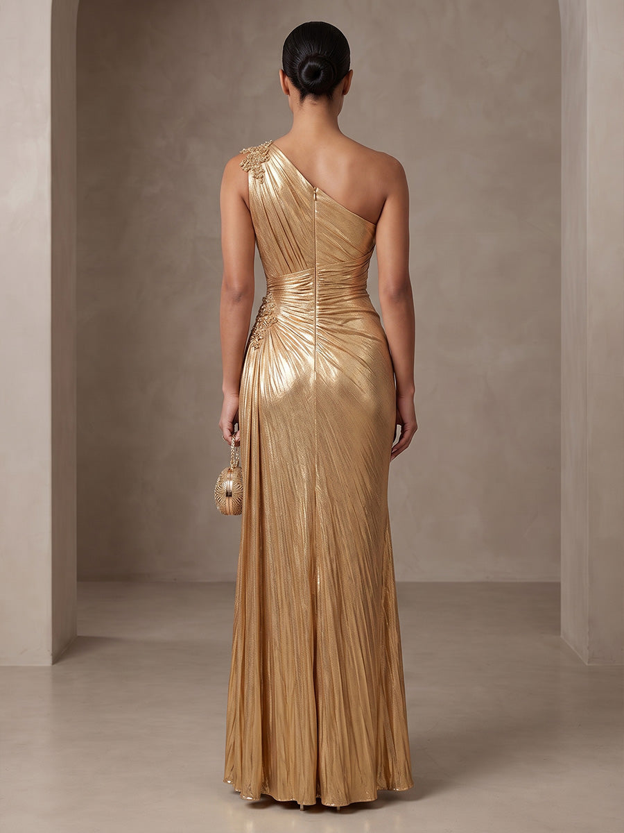 Sheath/Column One Shoulder Metallic Satin Maxi Evening Dresses with Pleats