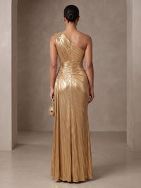 Sheath/Column One Shoulder Metallic Satin Maxi Evening Dresses with Pleats