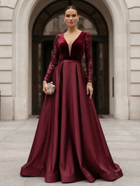 A-Line/Princess V-Neck Satin Maxi Evening Dresses with Velvet Bodice & Sweep Train