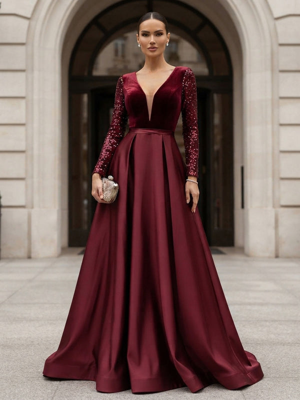 A-Line/Princess V-Neck Satin Maxi Evening Dresses with Velvet Bodice & Sweep Train