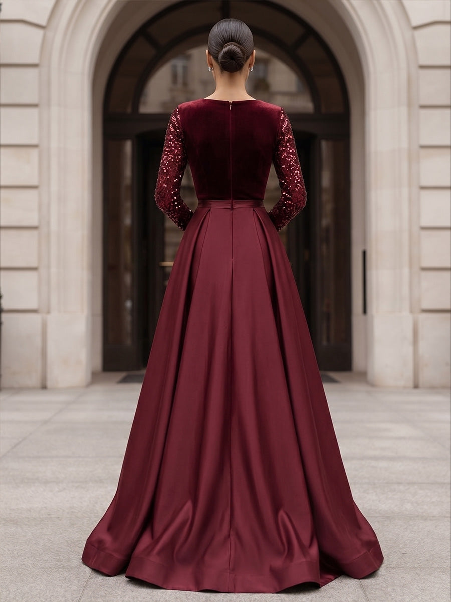 A-Line/Princess V-Neck Satin Maxi Evening Dresses with Velvet Bodice & Sweep Train