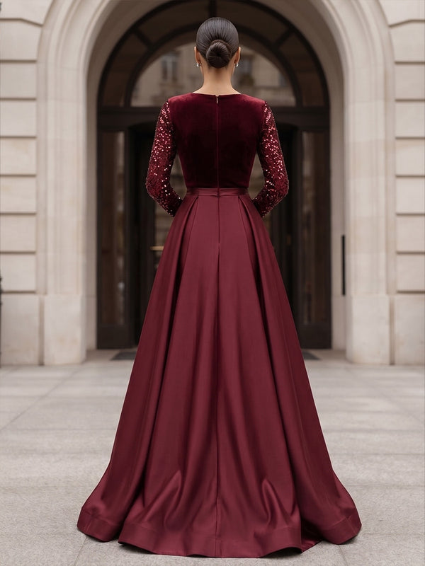 A-Line/Princess V-Neck Satin Maxi Evening Dresses with Velvet Bodice & Sweep Train