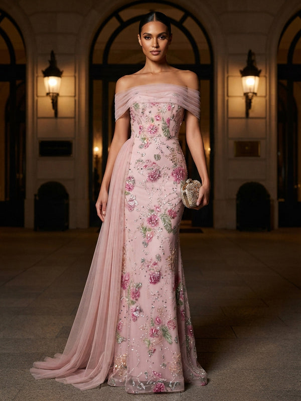 Sheath/Column Off Shoulder Sequin Floral Maxi Evening Dresses with Side Draped Sash