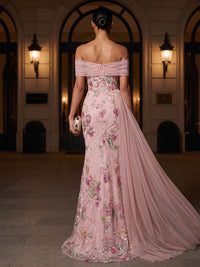 Sheath/Column Off Shoulder Sequin Floral Maxi Evening Dresses with Side Draped Sash