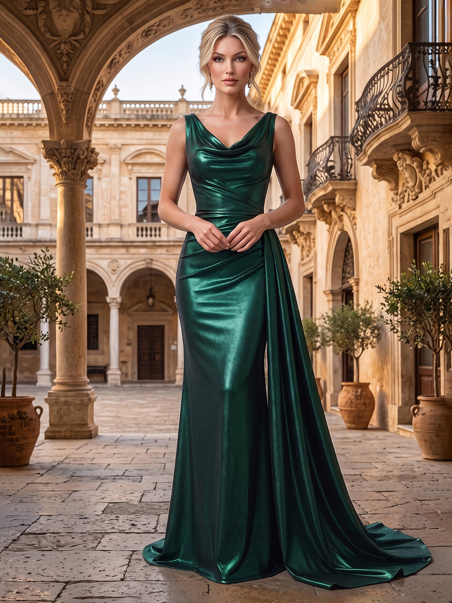 Mermaid/Trumpet Cowl Neck Metallic Satin Maxi Evening Dresses with Ruched Waist, Sweep Train & Side Sash