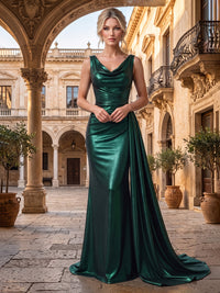 Mermaid/Trumpet Cowl Neck Metallic Satin Maxi Evening Dresses with Ruched Waist, Sweep Train & Side Sash