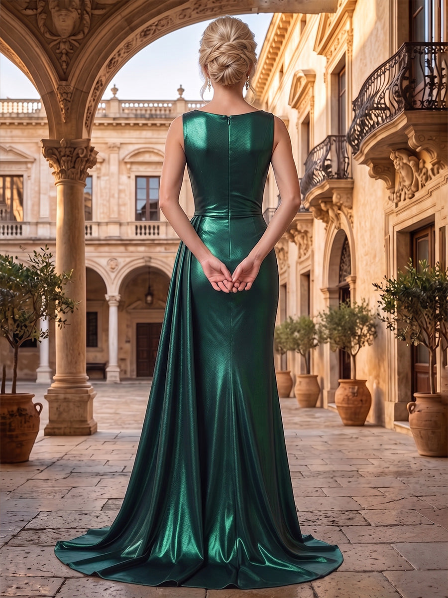 Mermaid/Trumpet Cowl Neck Metallic Satin Maxi Evening Dresses with Ruched Waist, Sweep Train & Side Sash