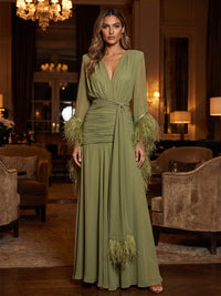 A-Line/Princess V-Neck Chiffon Maxi Evening Dresses with Fluffy Feather Trim Cuffs, Ruched Waist & Side Sash