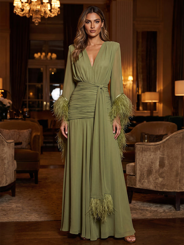 A-Line/Princess V-Neck Chiffon Maxi Evening Dresses with Fluffy Feather Trim Cuffs, Ruched Waist & Side Sash
