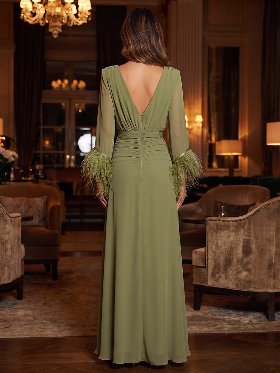 A-Line/Princess V-Neck Chiffon Maxi Evening Dresses with Fluffy Feather Trim Cuffs, Ruched Waist & Side Sash