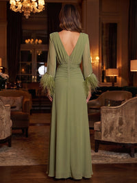 A-Line/Princess V-Neck Chiffon Maxi Evening Dresses with Fluffy Feather Trim Cuffs, Ruched Waist & Side Sash