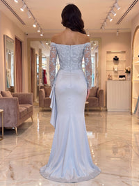 Mermaid/Trumpet Off Shoulder Satin Maxi Evening Dresses with Lace Appliques, Sequin & Ruffles