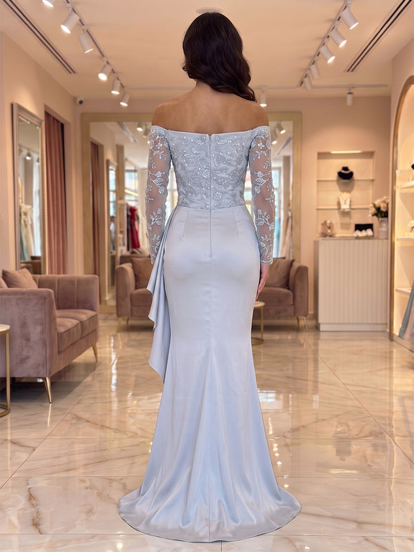 Mermaid/Trumpet Off Shoulder Satin Maxi Evening Dresses with Lace Appliques, Sequin & Ruffles