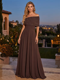 A-Line/Princess Off Shoulder Chiffon Maxi Evening Dresses with Rhinestones & Pleats