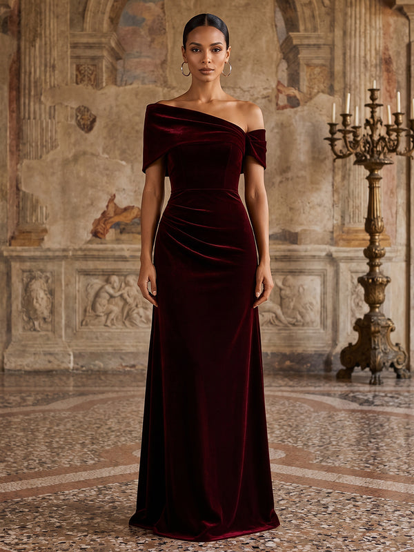 A-Line/Princess Off Shoulder Velvet Maxi Evening Dresses with Ruched Waist