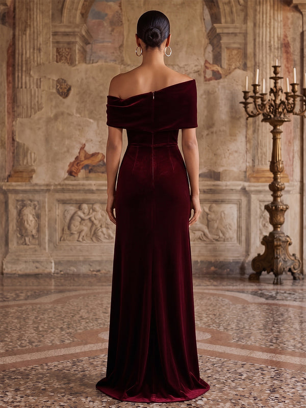 A-Line/Princess Off Shoulder Velvet Maxi Evening Dresses with Ruched Waist