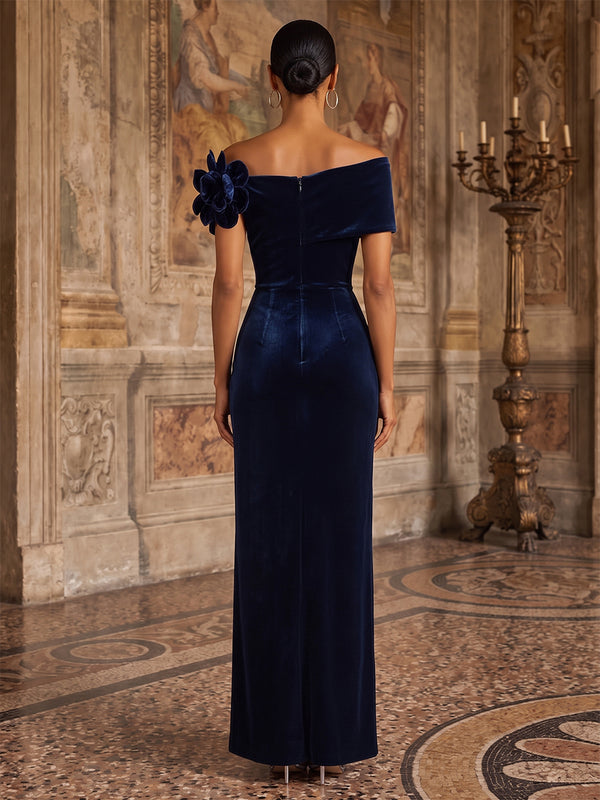 Sheath/Column Off Shoulder Velvet Maxi Evening Dresses with 3D Flowers & Ruched Waist