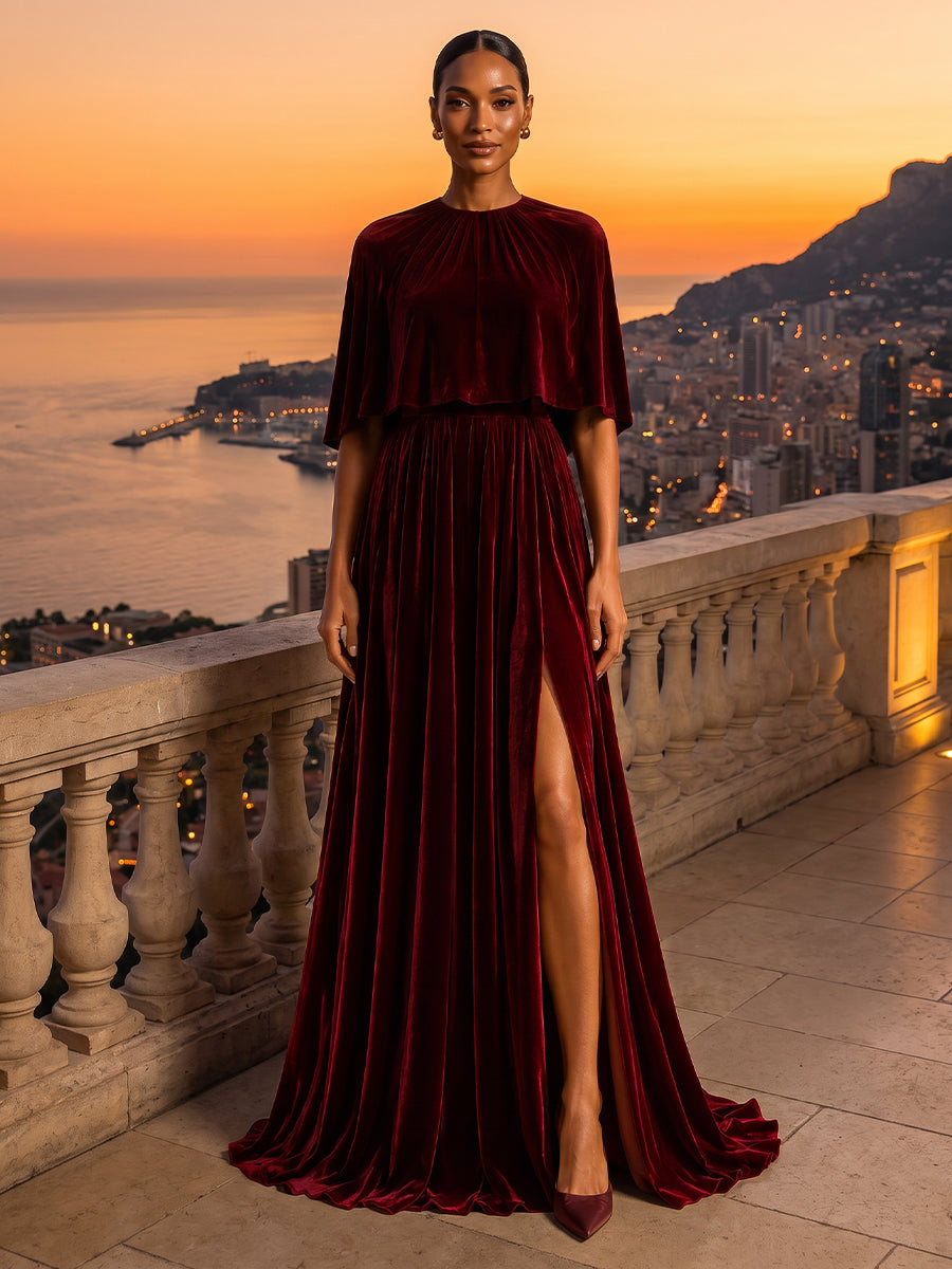 A-Line/Princess Scoop Neck Velvet Maxi Evening Dresses with Pleats & Slit