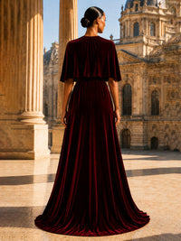 A-Line/Princess Scoop Neck Velvet Maxi Evening Dresses with Pleats & Slit
