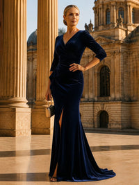 Sheath/Column V-Neck Velvet Maxi Evening Dresses with Ruched Waist & Slit