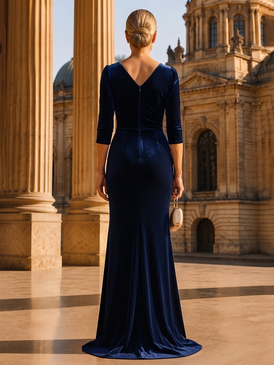 Sheath/Column V-Neck Velvet Maxi Evening Dresses with Ruched Waist & Slit