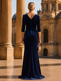 Sheath/Column V-Neck Velvet Maxi Evening Dresses with Ruched Waist & Slit