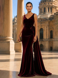 Mermaid/Trumpet V-Neck Velvet Maxi Evening Dresses with Side Draped Sash