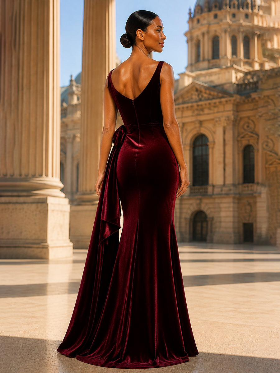 Mermaid/Trumpet V-Neck Velvet Maxi Evening Dresses with Side Draped Sash