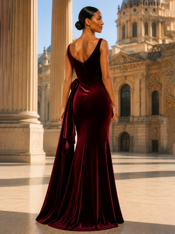 Mermaid/Trumpet V-Neck Velvet Maxi Evening Dresses with Side Draped Sash