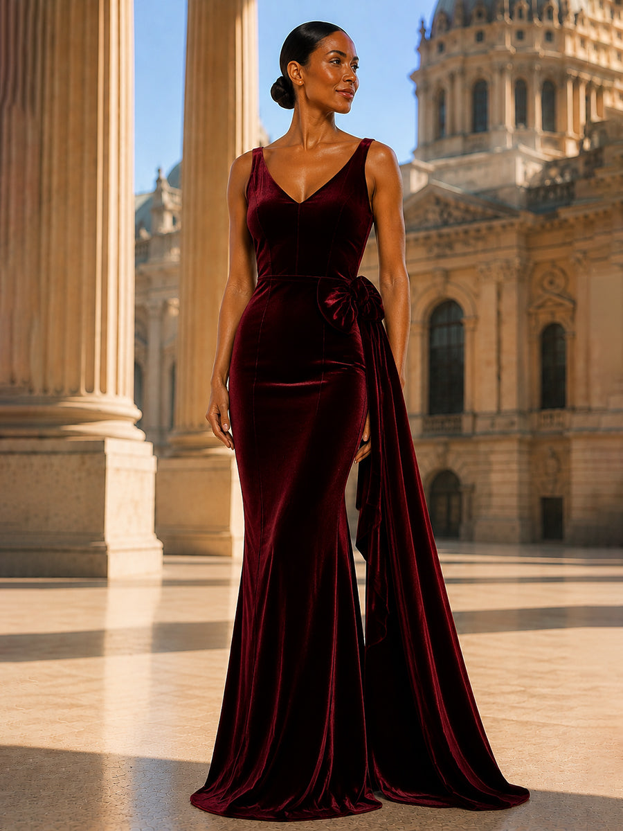 Mermaid/Trumpet V-Neck Velvet Maxi Evening Dresses with Side Draped Sash
