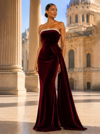 Mermaid/Trumpet Strapless Velvet Maxi Evening Dresses with Side Draped Sash & Pearls