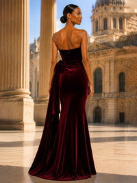 Mermaid/Trumpet Strapless Velvet Maxi Evening Dresses with Side Draped Sash & Pearls