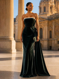 Mermaid/Trumpet Strapless Velvet Maxi Evening Dresses with Side Draped Sash & Pearls