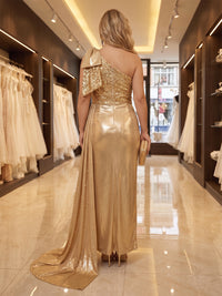 Sheath/Column One Shoulder Metallic Satin Maxi Evening Dresses with Side Draped Sash & Pearls
