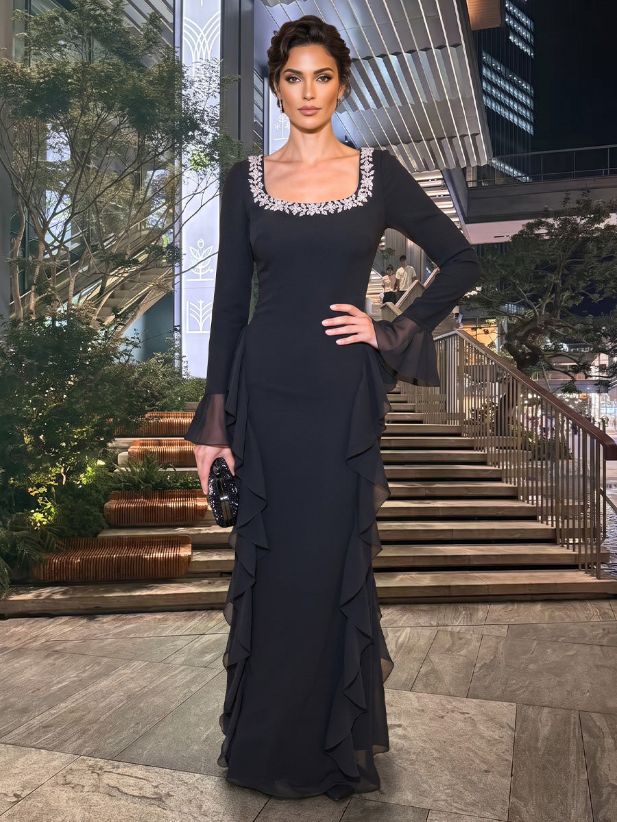 Sheath/Column Square Neck Chiffon Maxi Evening Dresses with Lace Appliques & Ruffles