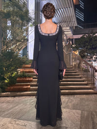 Sheath/Column Square Neck Chiffon Maxi Evening Dresses with Lace Appliques & Ruffles