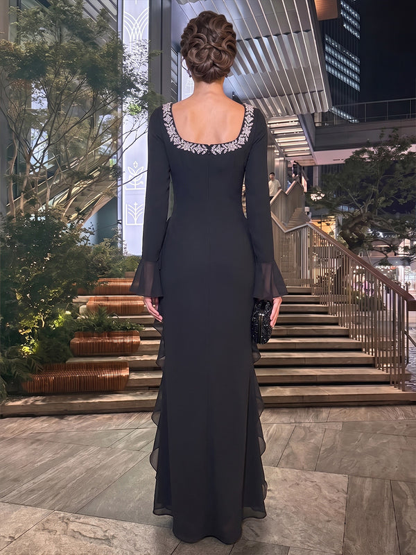 Sheath/Column Square Neck Chiffon Maxi Evening Dresses with Lace Appliques & Ruffles