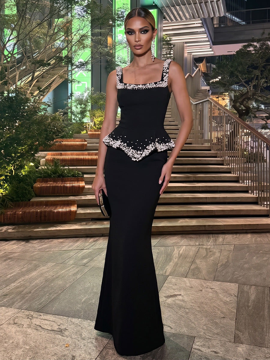 Mermaid/Trumpet Square Neck Stretch Jersey Maxi Evening Dresses with Pearls