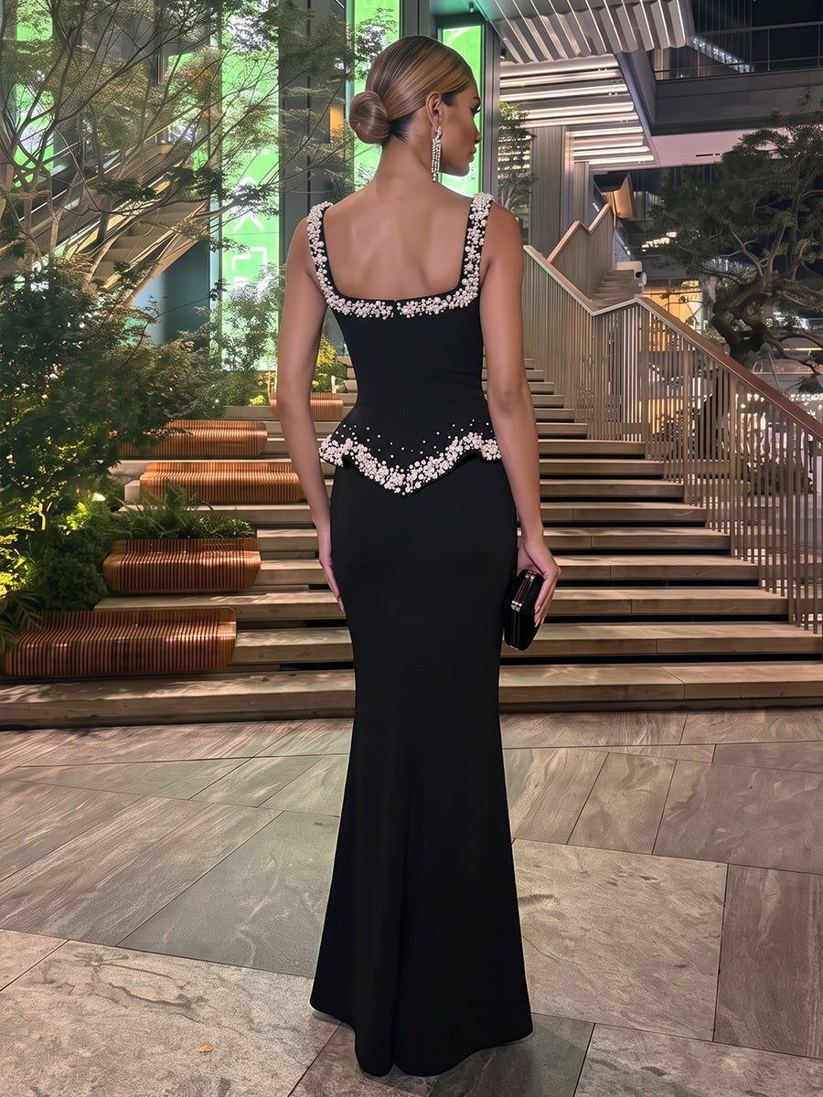 Mermaid/Trumpet Square Neck Stretch Jersey Maxi Evening Dresses with Pearls