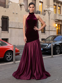 Mermaid/Trumpet Halter Velvet Maxi Evening Dresses with Pleats & Sweep Train